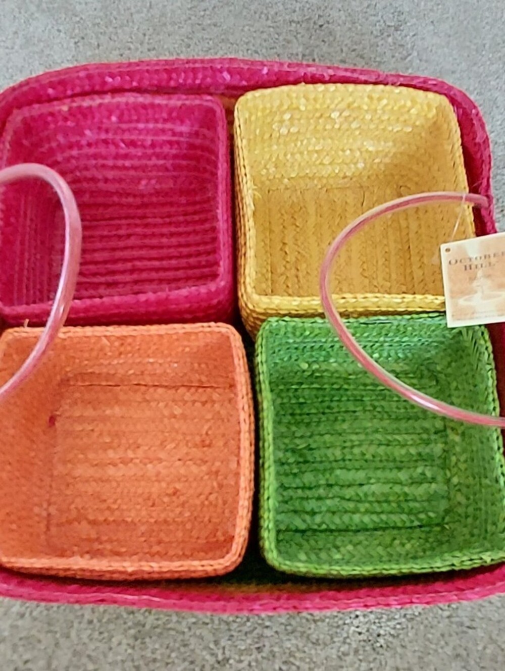 Colorful Straw Basket Party Set 5 Pieces Handles New Tags Neon Colors
